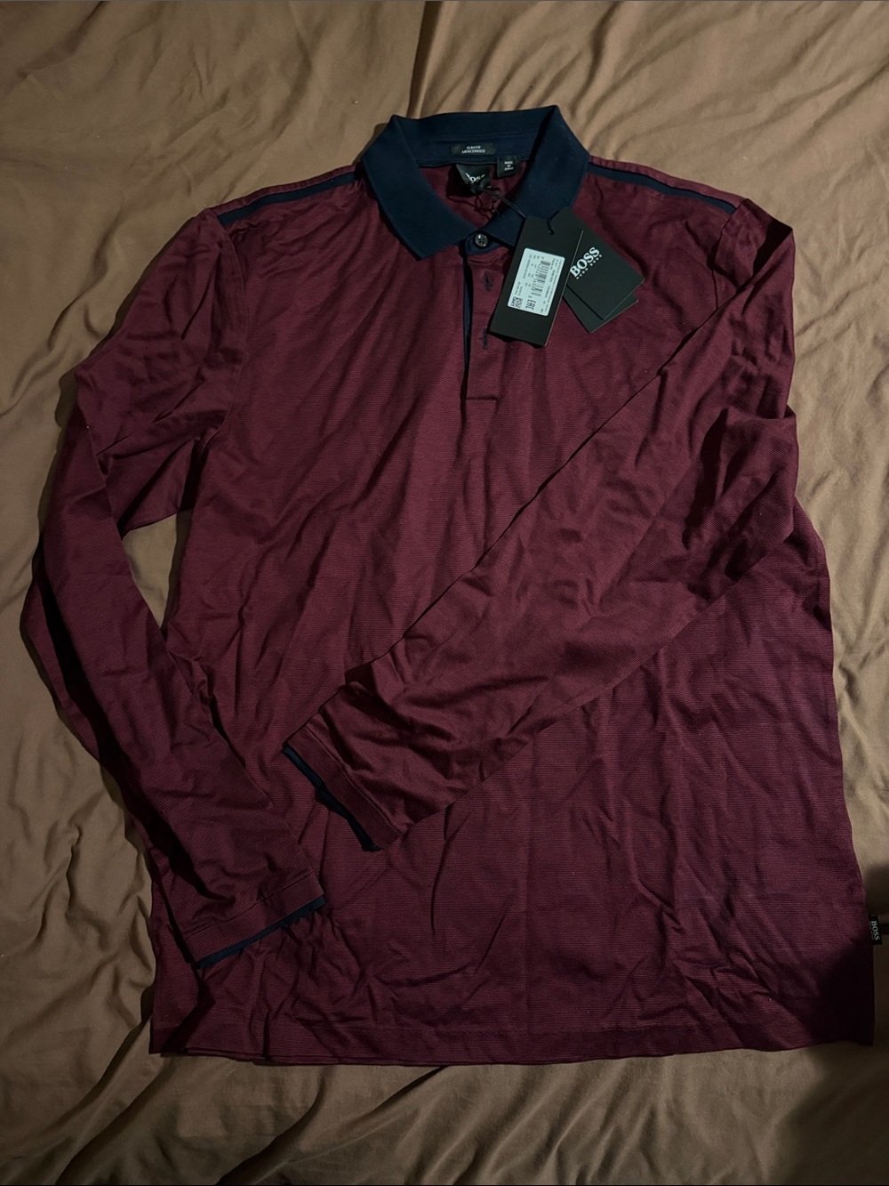 BOSS Long Sleeve Polo in Burgundy with Navy Trim